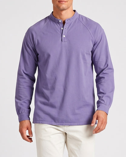 KZZ Men's Retro Washed Three-Button Stand Collar Henley Collar Long-Sleeve Pullover