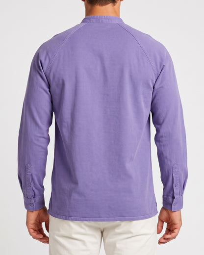 KZZ Men's Retro Washed Three-Button Stand Collar Henley Collar Long-Sleeve Pullover