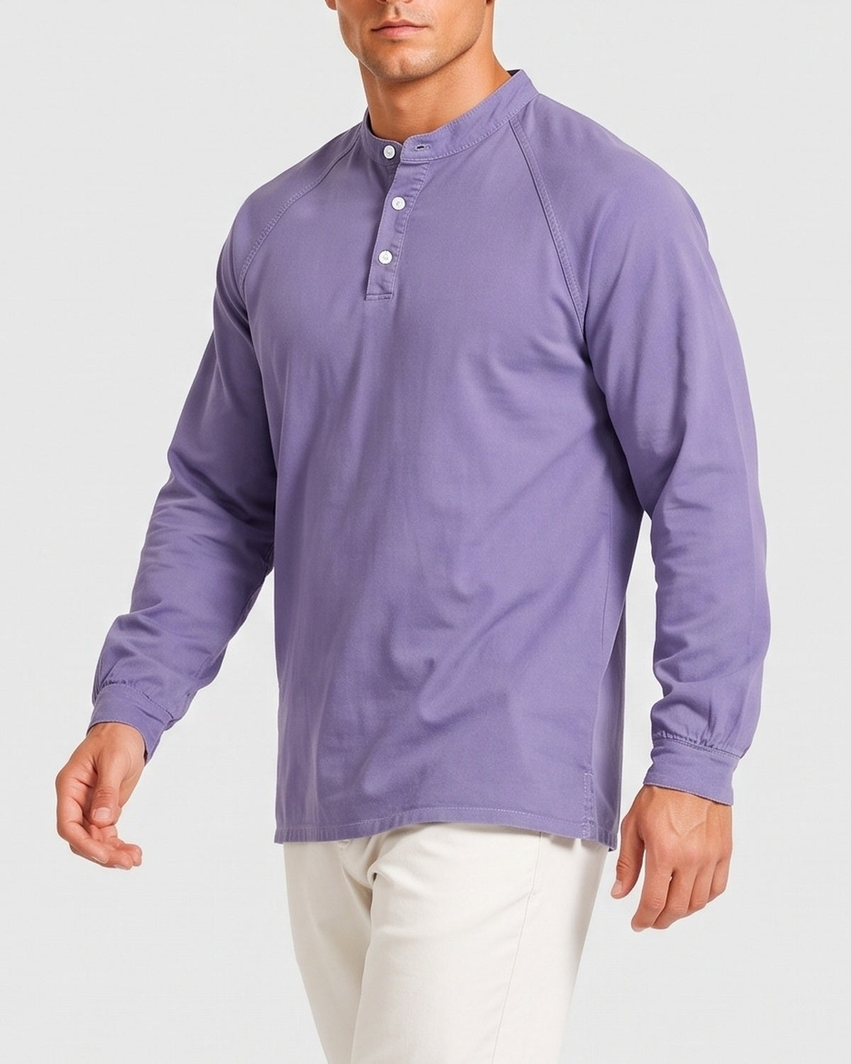 KZZ Men's Retro Washed Three-Button Stand Collar Henley Collar Long-Sleeve Pullover