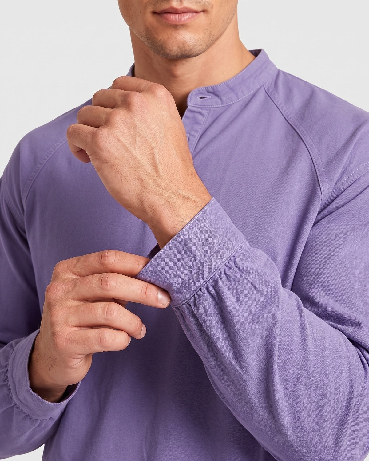 KZZ Men's Retro Washed Three-Button Stand Collar Henley Collar Long-Sleeve Pullover