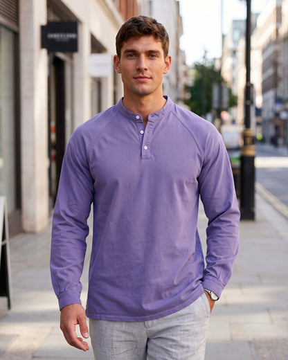 KZZ Men's Retro Washed Three-Button Stand Collar Henley Collar Long-Sleeve Pullover