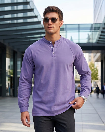 KZZ Men's Retro Washed Three-Button Stand Collar Henley Collar Long-Sleeve Pullover