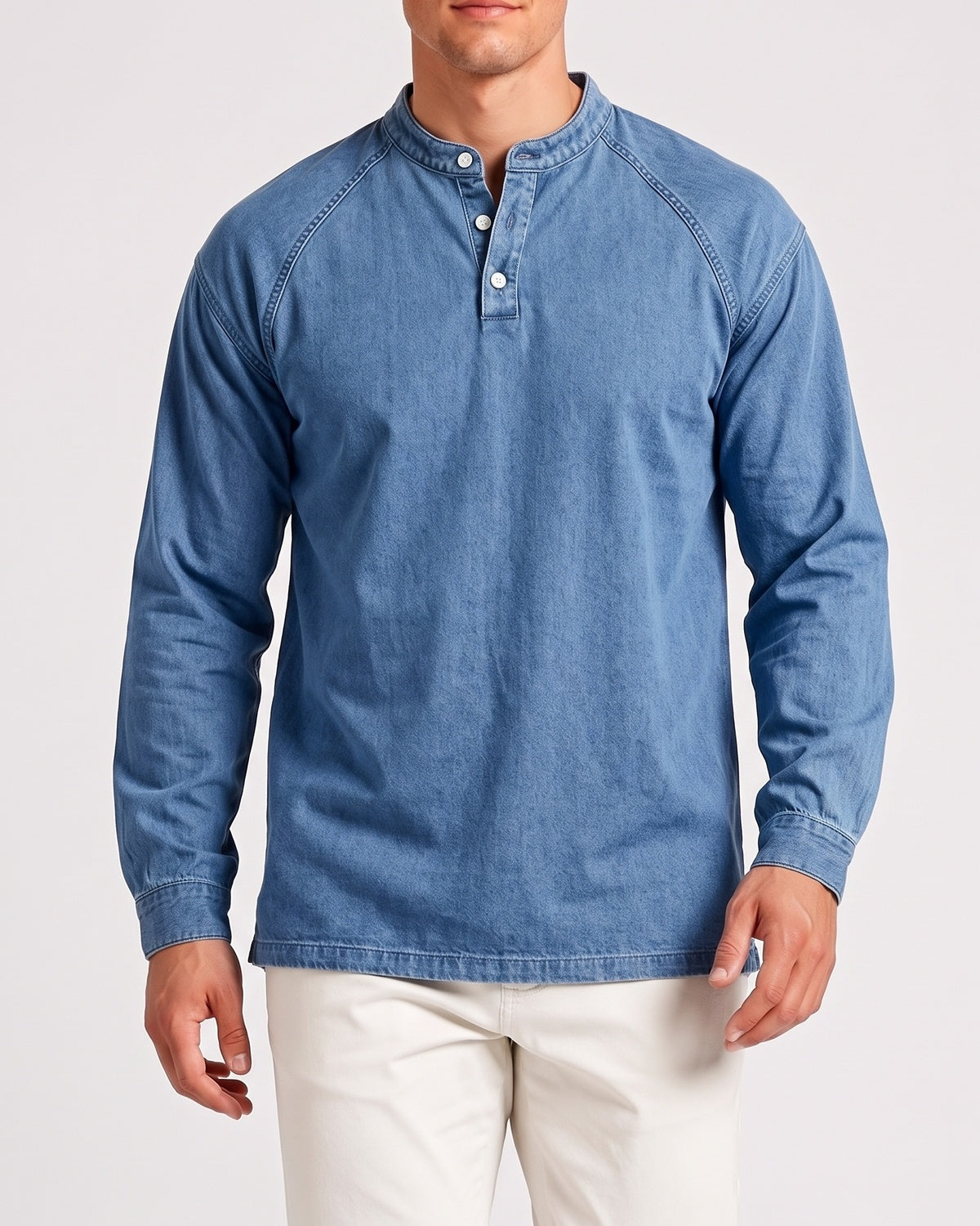 KZZ Men's Retro Washed Three-Button Stand Collar Henley Collar Long-Sleeve Pullover