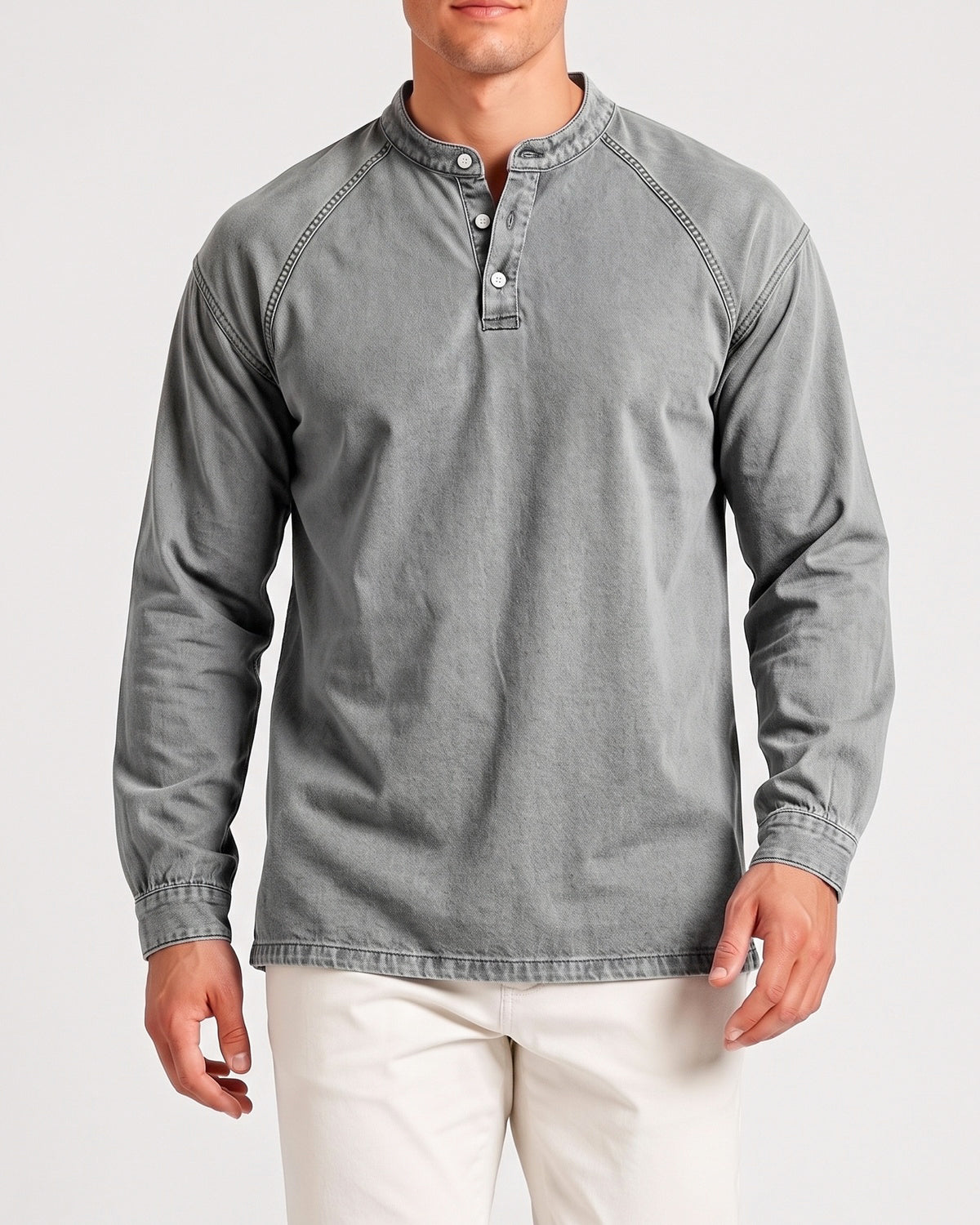 KZZ Men's Retro Washed Three-Button Stand Collar Henley Collar Long-Sleeve Pullover