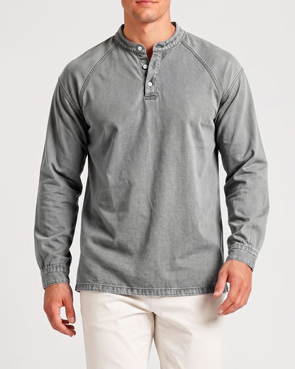 KZZ Men's Retro Washed Three-Button Stand Collar Henley Collar Long-Sleeve Pullover