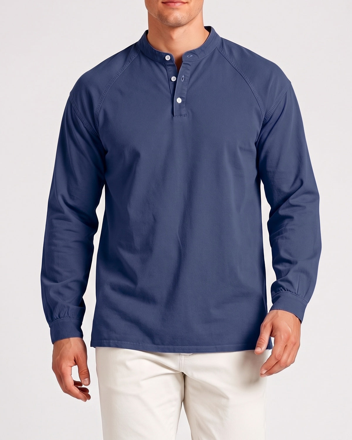 KZZ Men's Retro Washed Three-Button Stand Collar Henley Collar Long-Sleeve Pullover