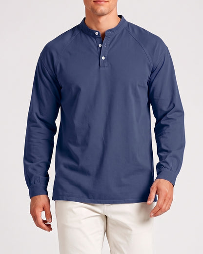 KZZ Men's Retro Washed Three-Button Stand Collar Henley Collar Long-Sleeve Pullover