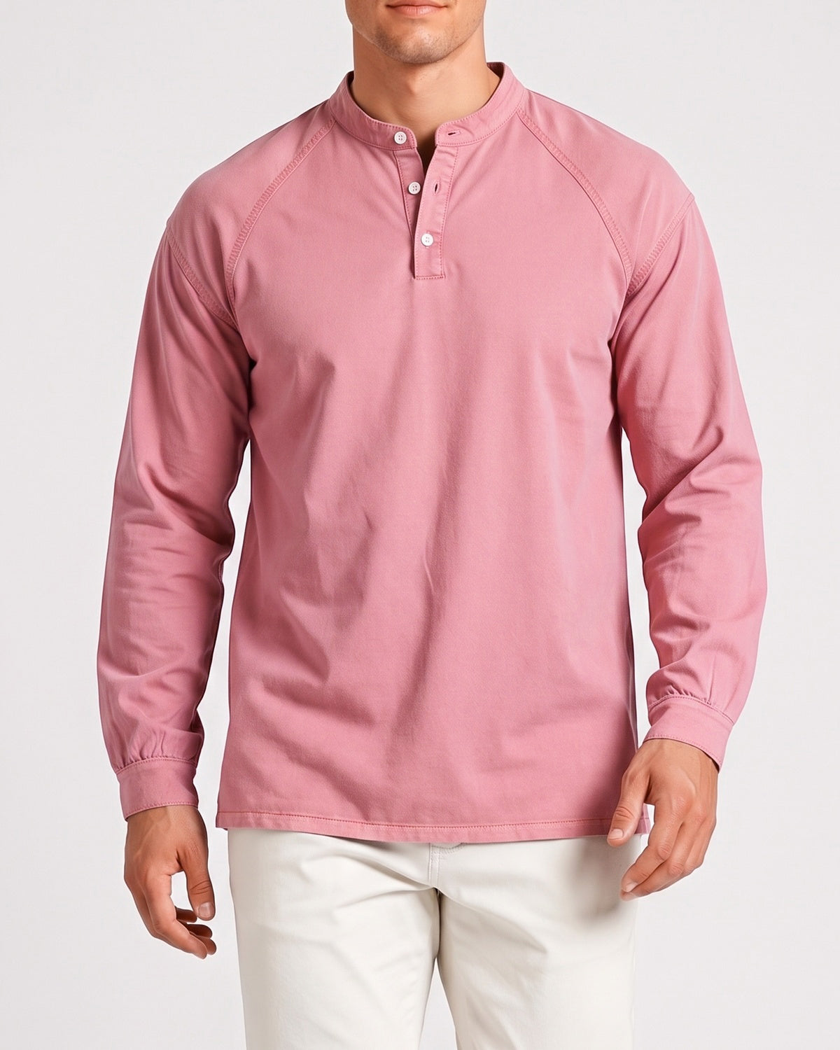 KZZ Men's Retro Washed Three-Button Stand Collar Henley Collar Long-Sleeve Pullover