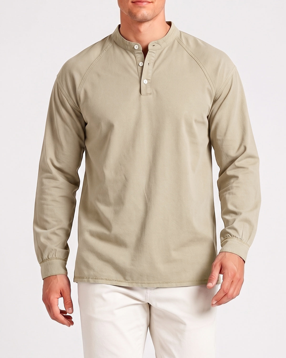 KZZ Men's Retro Washed Three-Button Stand Collar Henley Collar Long-Sleeve Pullover