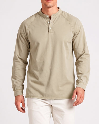 KZZ Men's Retro Washed Three-Button Stand Collar Henley Collar Long-Sleeve Pullover