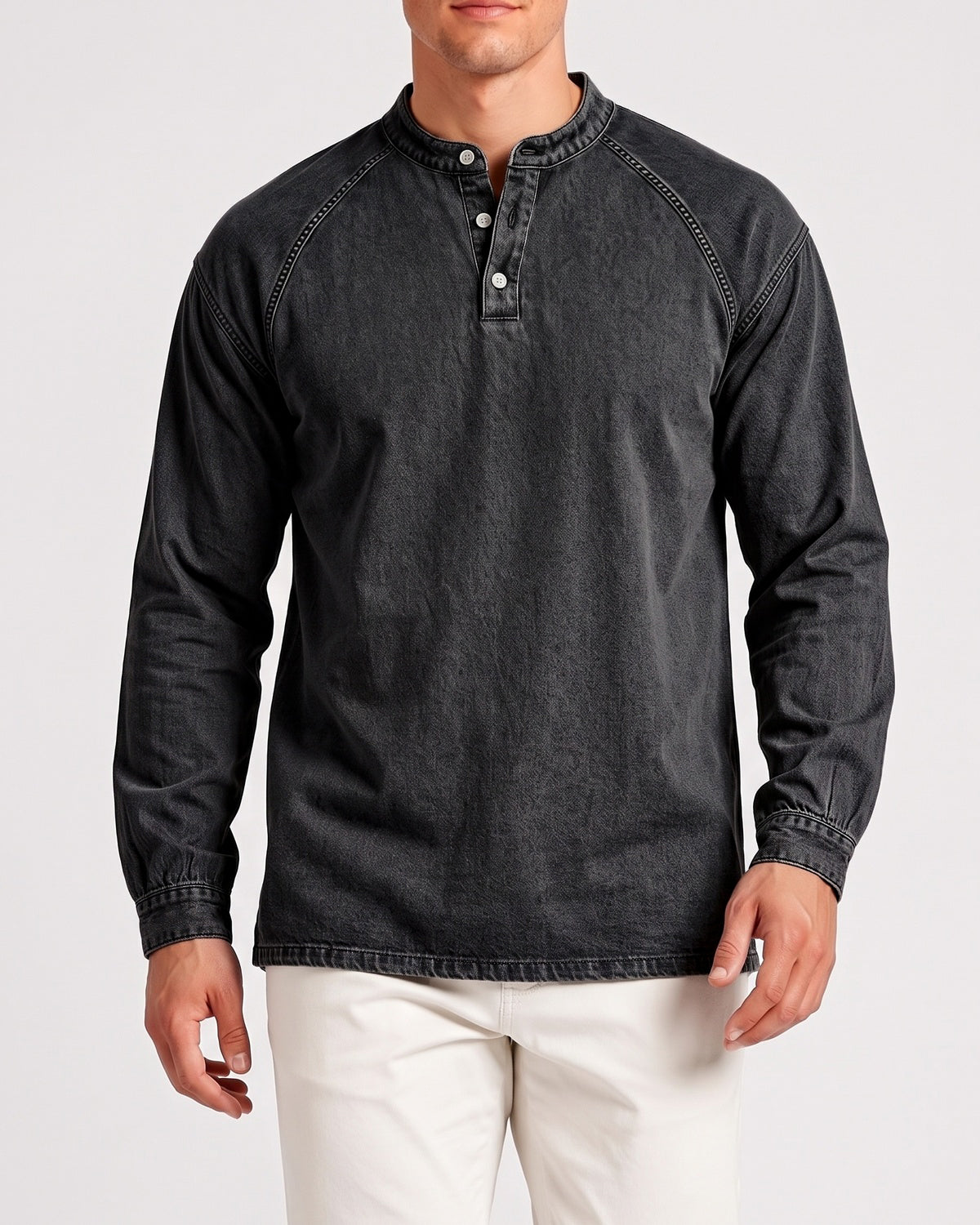 KZZ Men's Retro Washed Three-Button Stand Collar Henley Collar Long-Sleeve Pullover