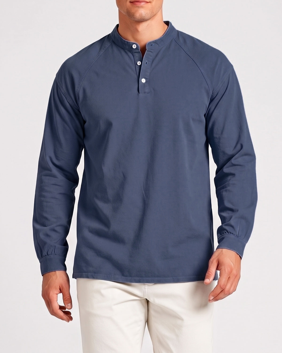 KZZ Men's Retro Washed Three-Button Stand Collar Henley Collar Long-Sleeve Pullover