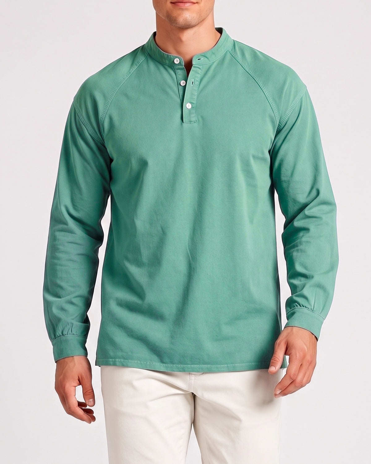 KZZ Men's Retro Washed Three-Button Stand Collar Henley Collar Long-Sleeve Pullover