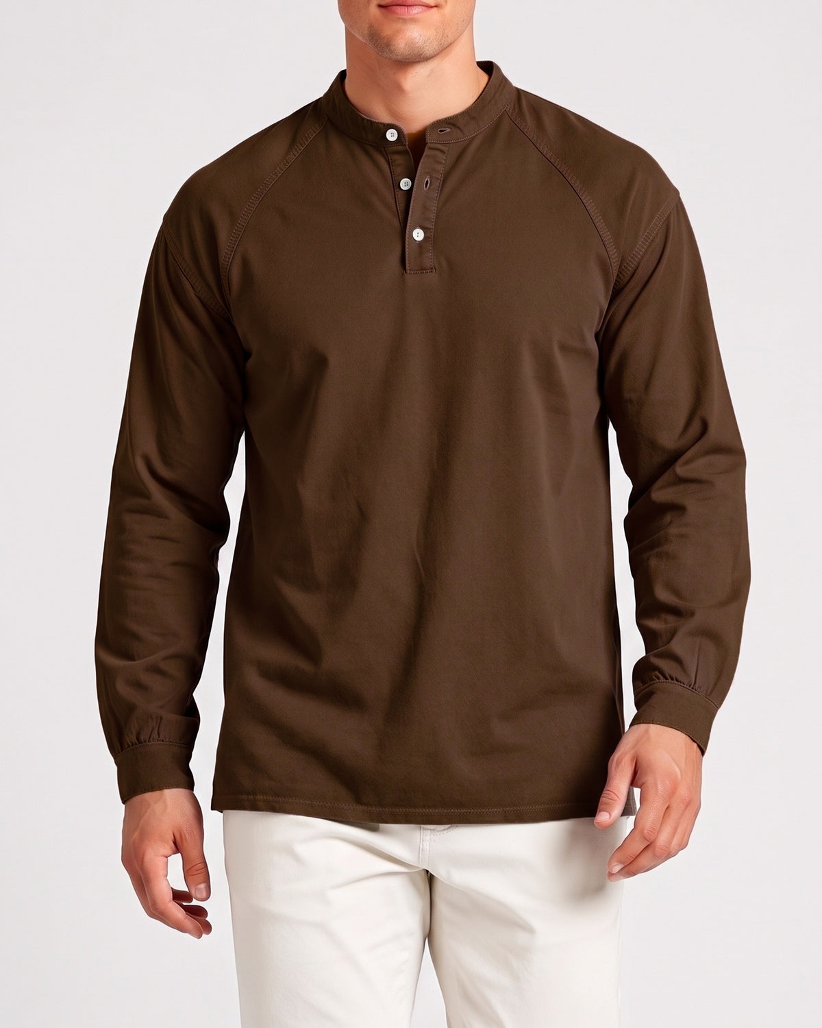 KZZ Men's Retro Washed Three-Button Stand Collar Henley Collar Long-Sleeve Pullover