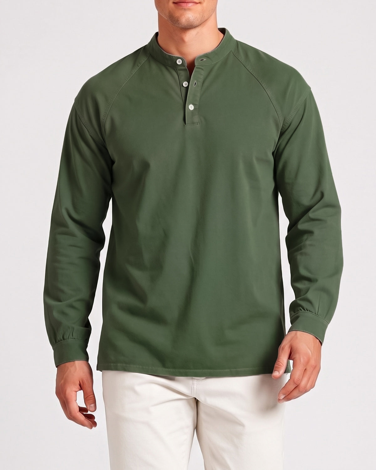 KZZ Men's Retro Washed Three-Button Stand Collar Henley Collar Long-Sleeve Pullover