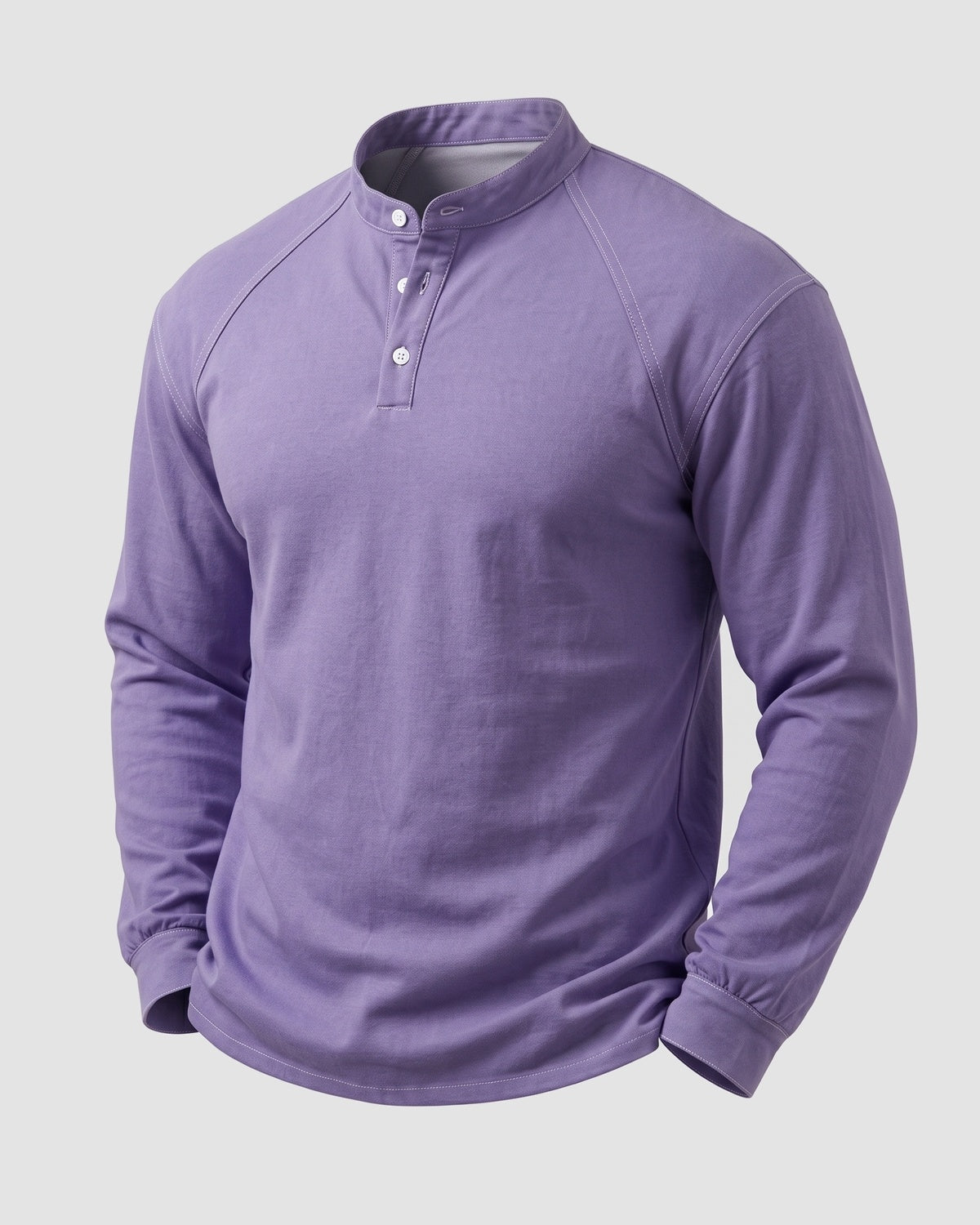 KZZ Men's Retro Washed Three-Button Stand Collar Henley Collar Long-Sleeve Pullover