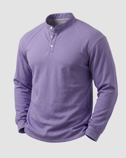KZZ Men's Retro Washed Three-Button Stand Collar Henley Collar Long-Sleeve Pullover