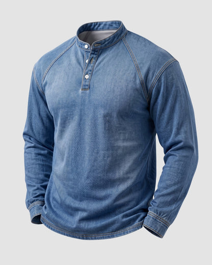KZZ Men's Retro Washed Three-Button Stand Collar Henley Collar Long-Sleeve Pullover