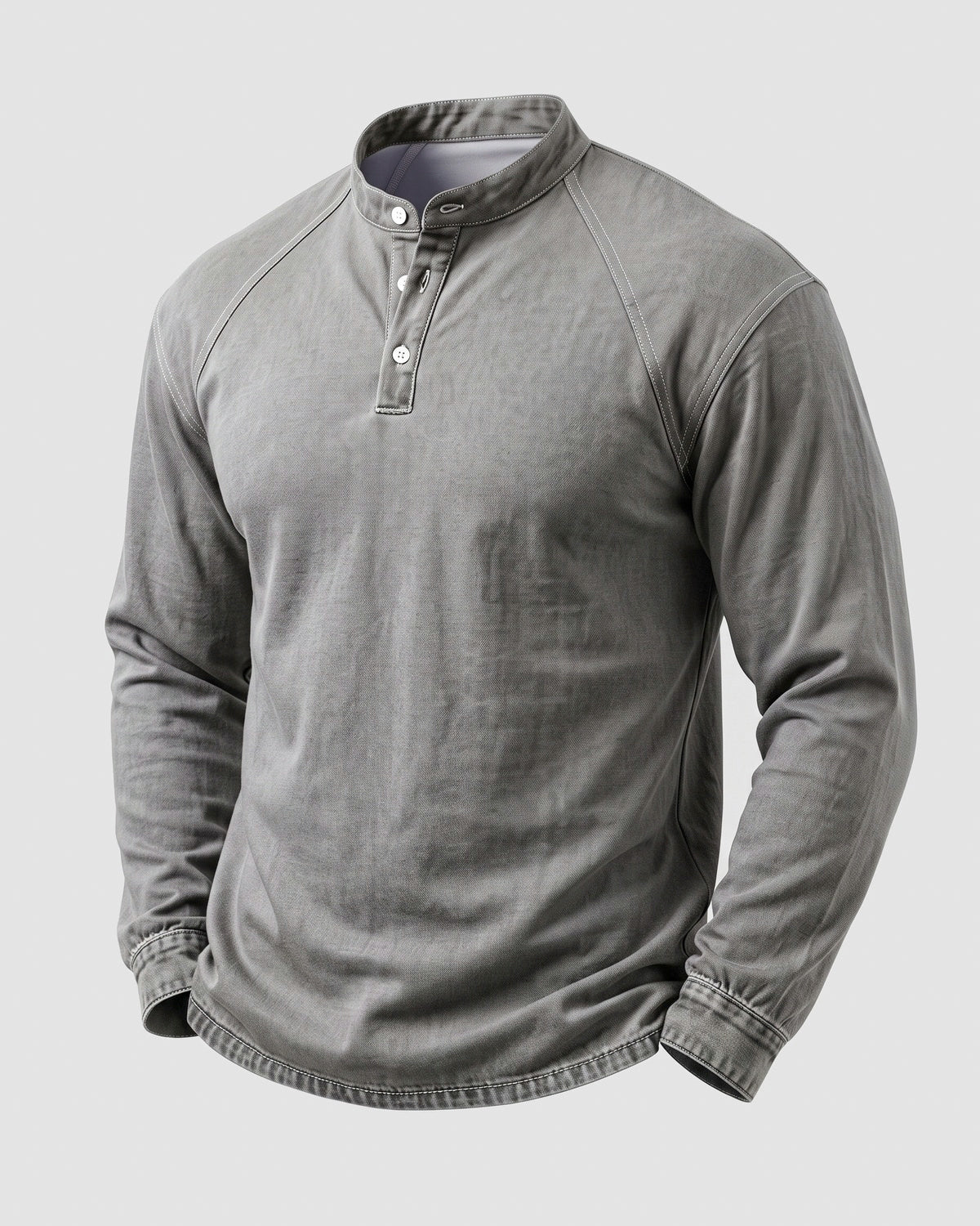 KZZ Men's Retro Washed Three-Button Stand Collar Henley Collar Long-Sleeve Pullover