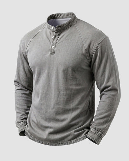 KZZ Men's Retro Washed Three-Button Stand Collar Henley Collar Long-Sleeve Pullover