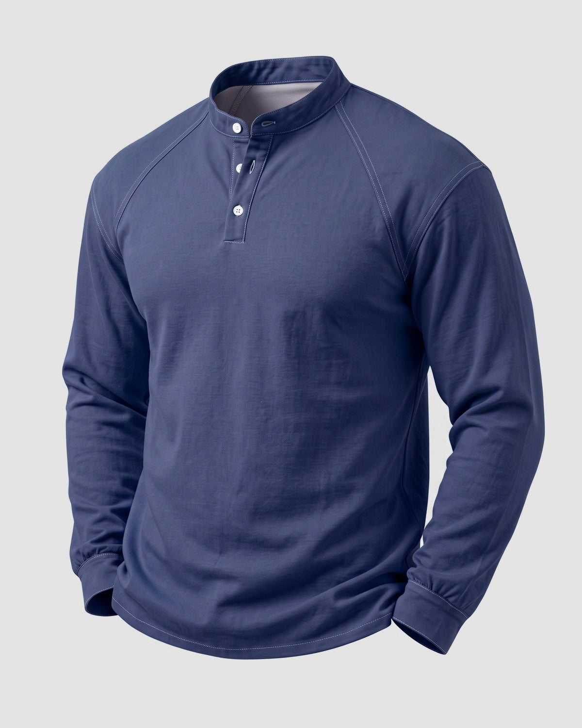 KZZ Men's Retro Washed Three-Button Stand Collar Henley Collar Long-Sleeve Pullover