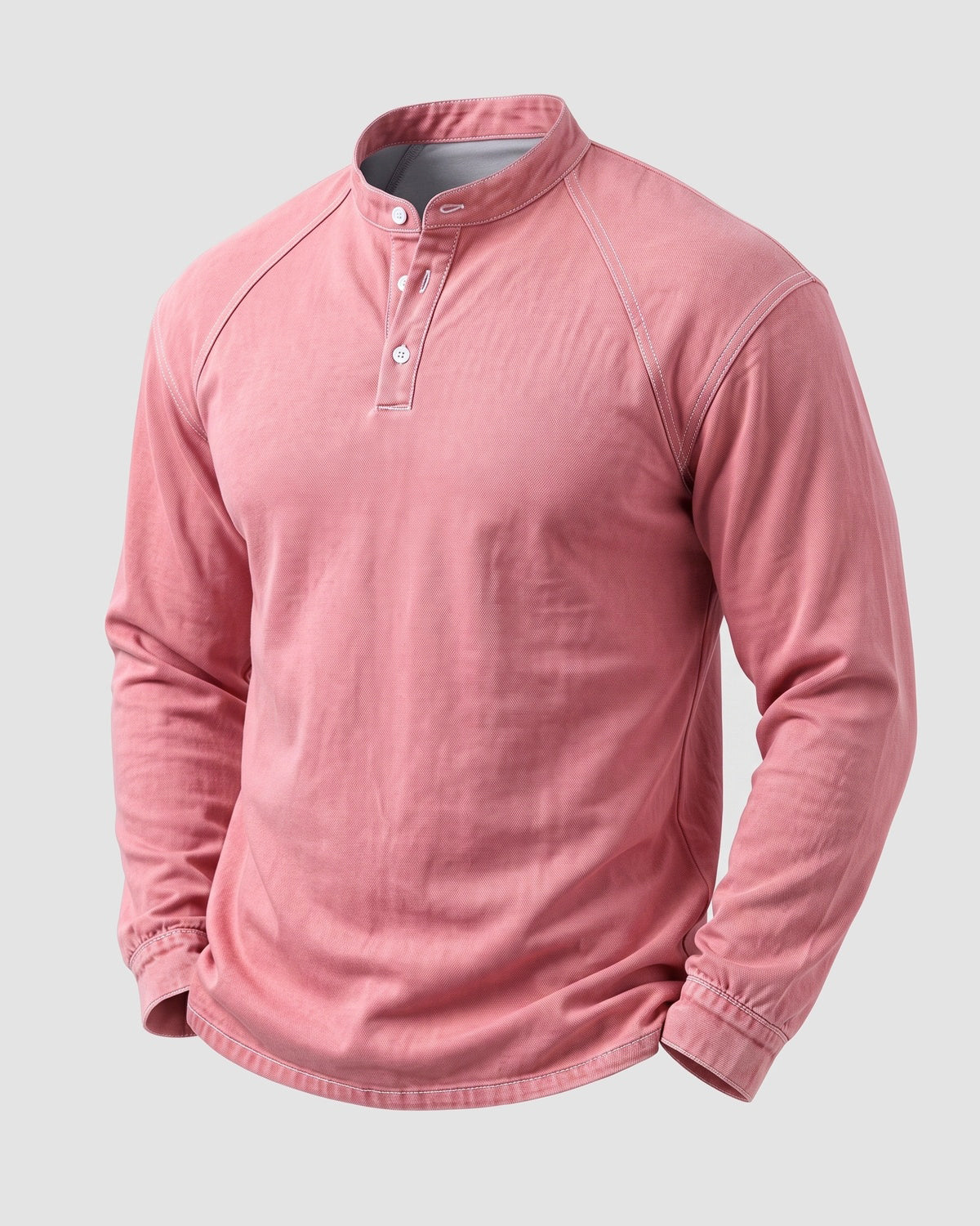 KZZ Men's Retro Washed Three-Button Stand Collar Henley Collar Long-Sleeve Pullover