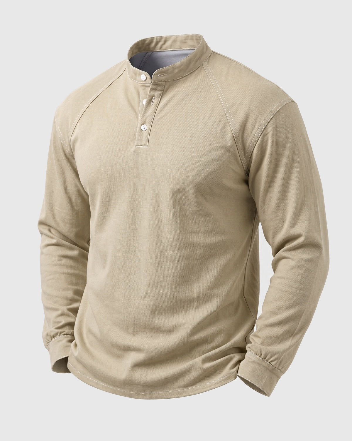 KZZ Men's Retro Washed Three-Button Stand Collar Henley Collar Long-Sleeve Pullover
