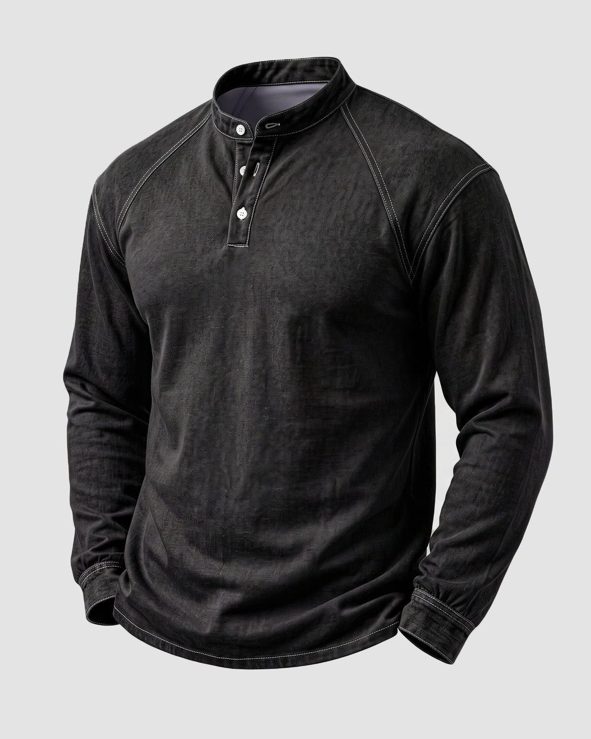 KZZ Men's Retro Washed Three-Button Stand Collar Henley Collar Long-Sleeve Pullover