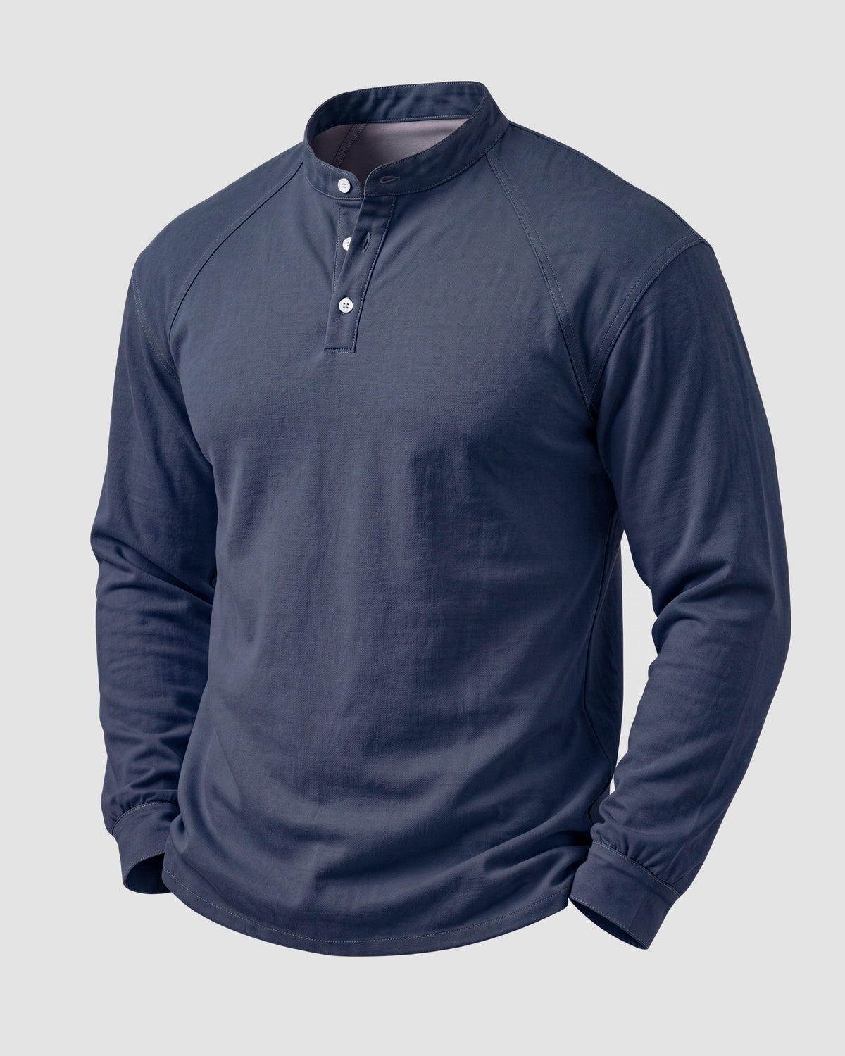 KZZ Men's Retro Washed Three-Button Stand Collar Henley Collar Long-Sleeve Pullover
