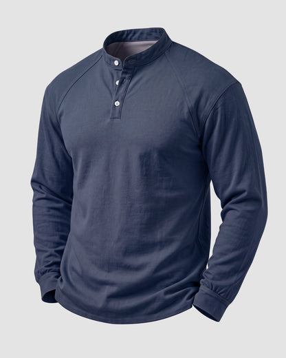 KZZ Men's Retro Washed Three-Button Stand Collar Henley Collar Long-Sleeve Pullover