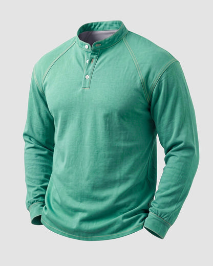 KZZ Men's Retro Washed Three-Button Stand Collar Henley Collar Long-Sleeve Pullover