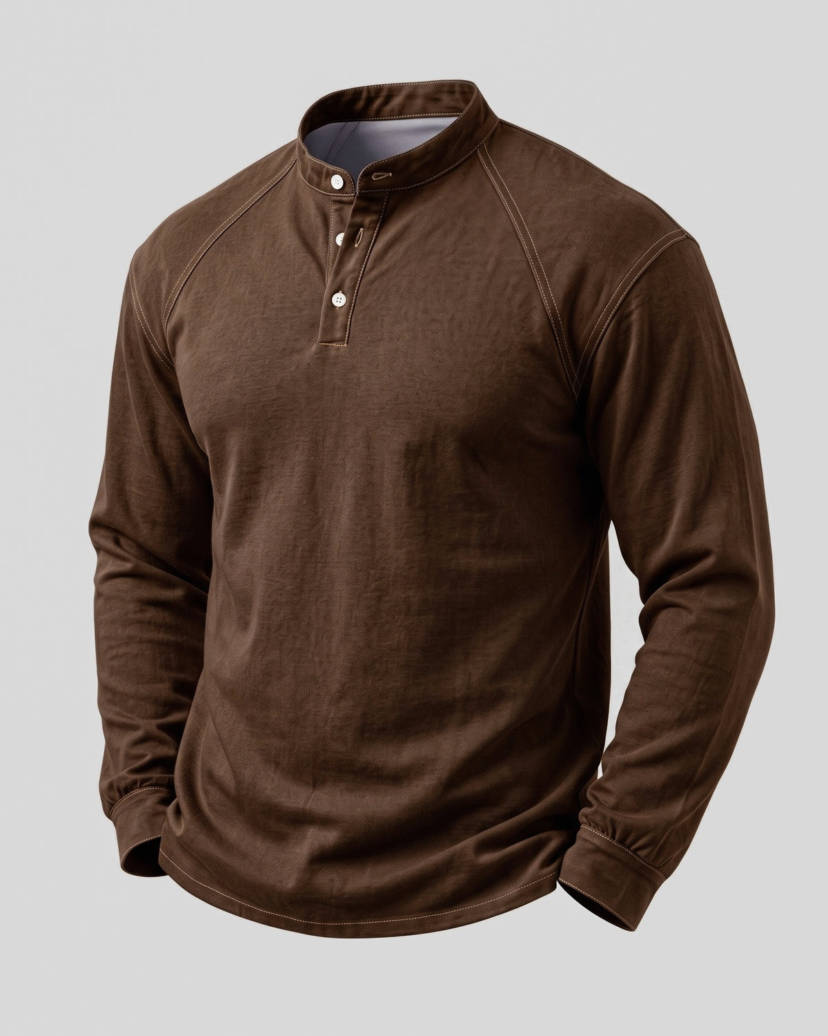 KZZ Men's Retro Washed Three-Button Stand Collar Henley Collar Long-Sleeve Pullover