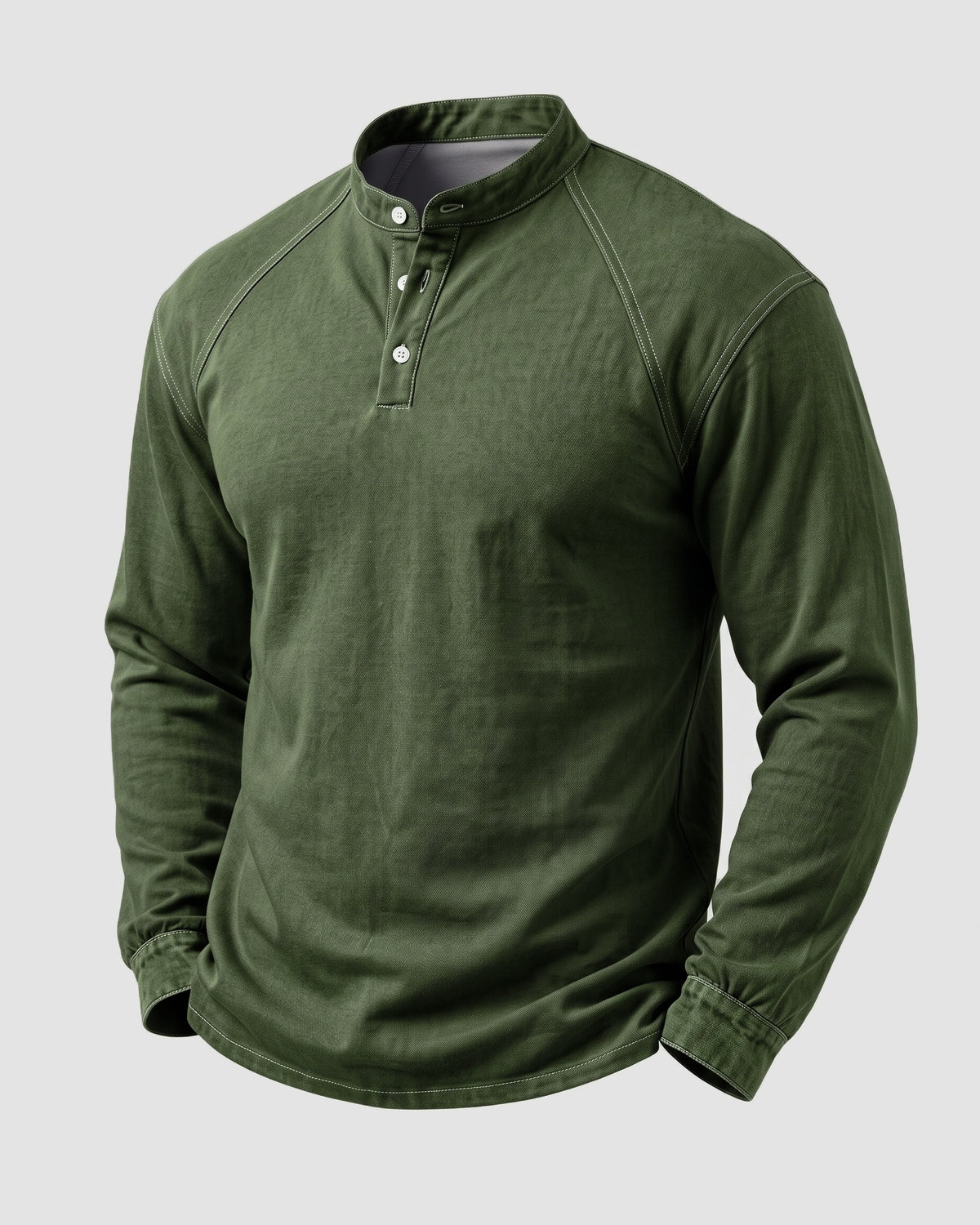KZZ Men's Retro Washed Three-Button Stand Collar Henley Collar Long-Sleeve Pullover