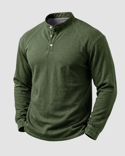 KZZ Men's Retro Washed Three-Button Stand Collar Henley Collar Long-Sleeve Pullover