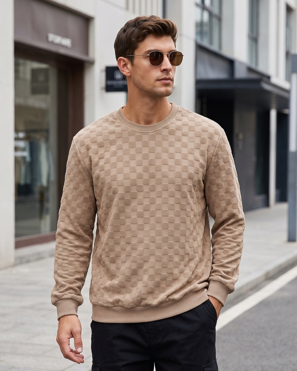 KZZ Men's Textured Check Knit Sweatshirt