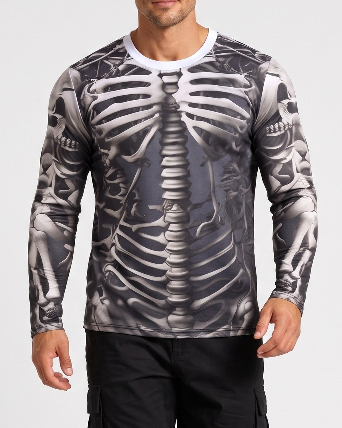 KZZ Men's Halloween 3D Skull Print Long-Sleeve T-Shirt