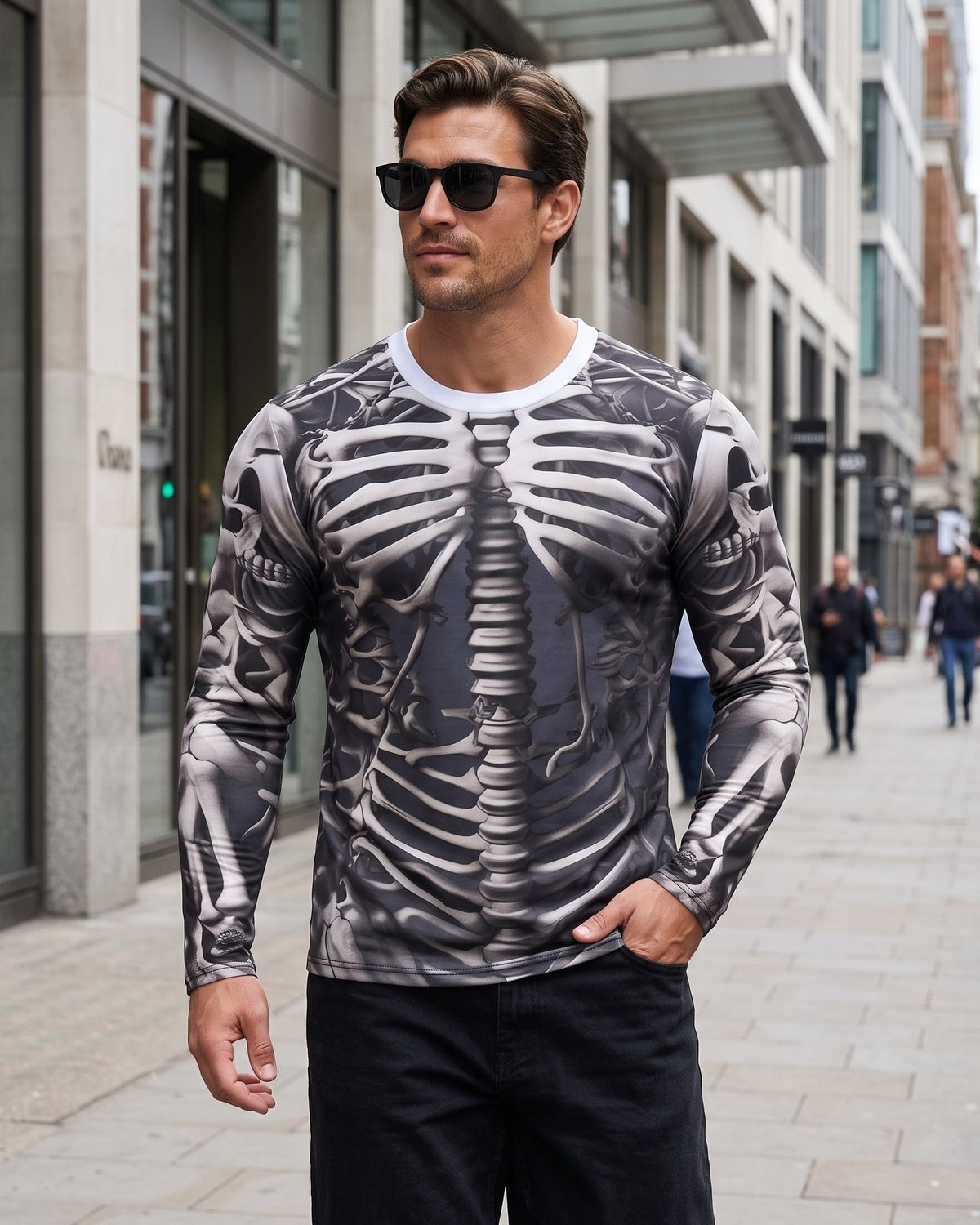 KZZ Men's Halloween 3D Skull Print Long-Sleeve T-Shirt
