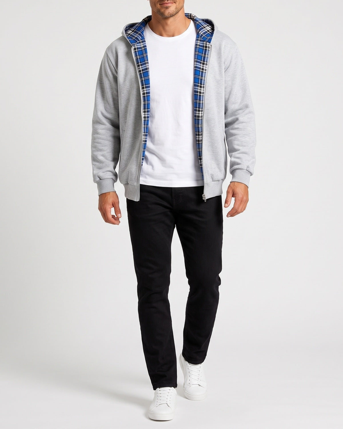 KZZ Men's plaid lined reversible zip-up hooded jacket