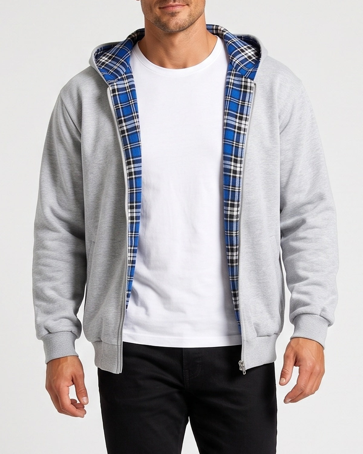 KZZ Men's plaid lined reversible zip-up hooded jacket
