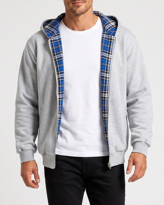 KZZ Men's plaid lined reversible zip-up hooded jacket