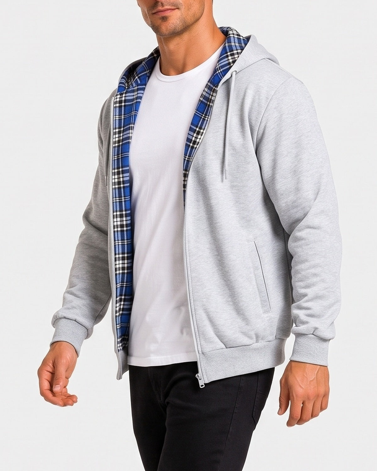 KZZ Men's plaid lined reversible zip-up hooded jacket
