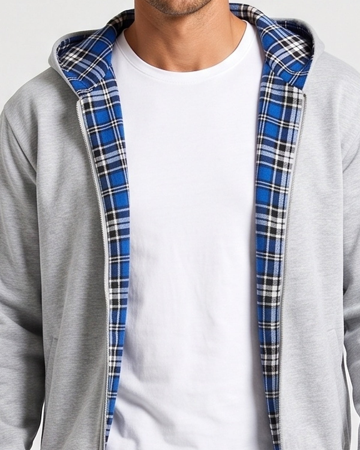 KZZ Men's plaid lined reversible zip-up hooded jacket