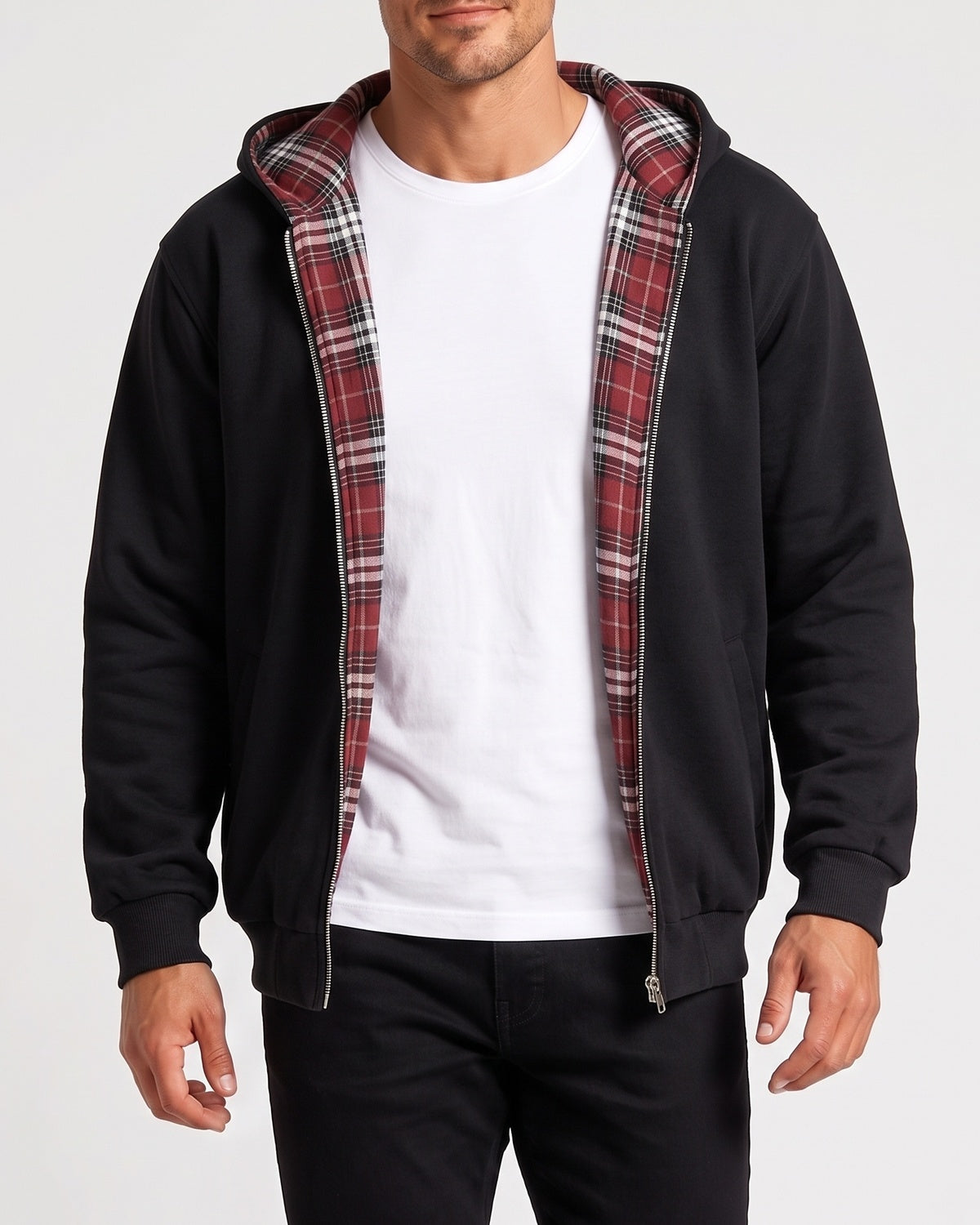 KZZ Men's plaid lined reversible zip-up hooded jacket