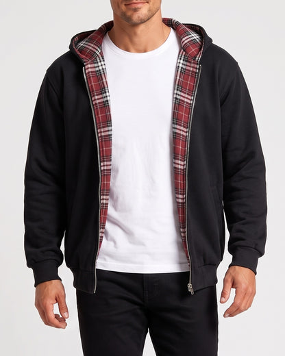 KZZ Men's plaid lined reversible zip-up hooded jacket