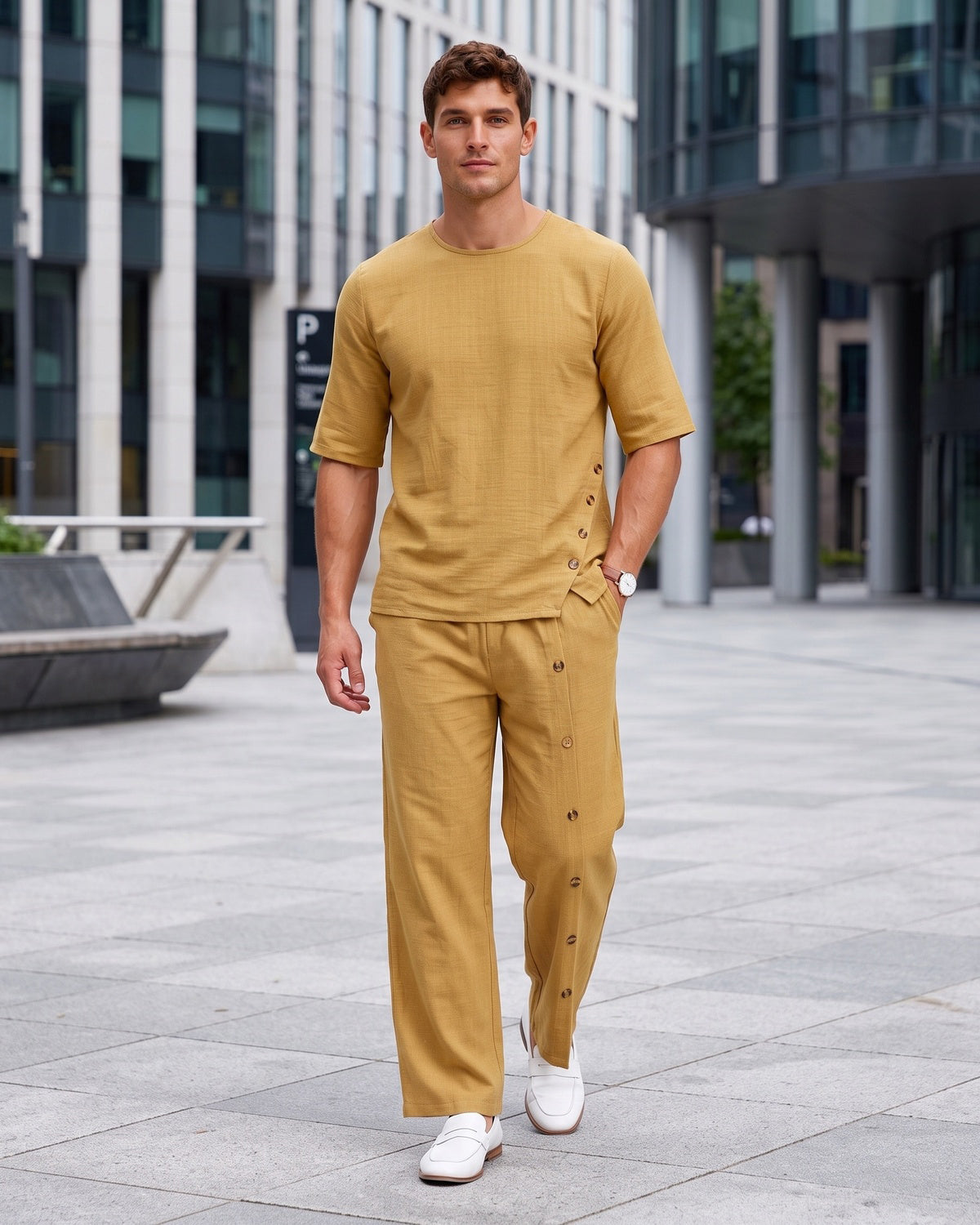KZZ Men's Casual Button-Up Shirt and Pants Suit