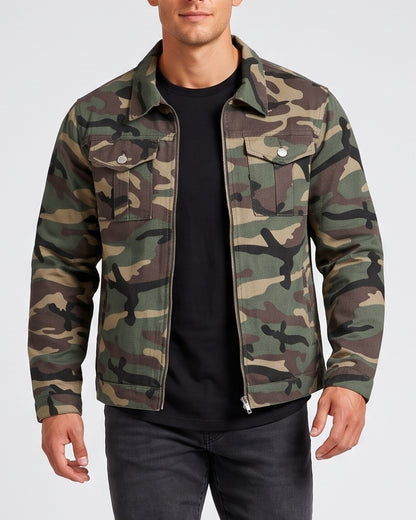 KZZ Men's camouflage military jacket, zip-up camouflage print coat, long sleeves with chest pocket