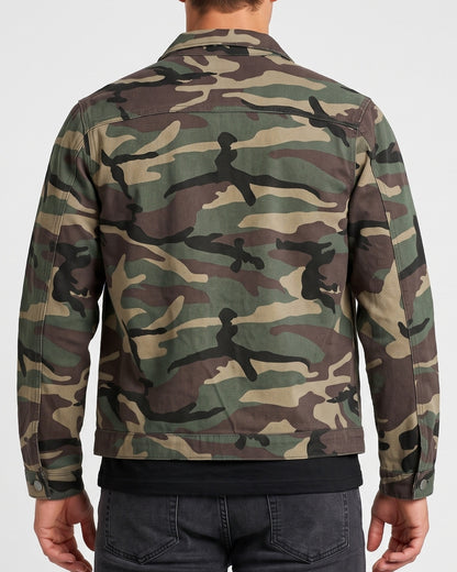 KZZ Men's camouflage military jacket, zip-up camouflage print coat, long sleeves with chest pocket
