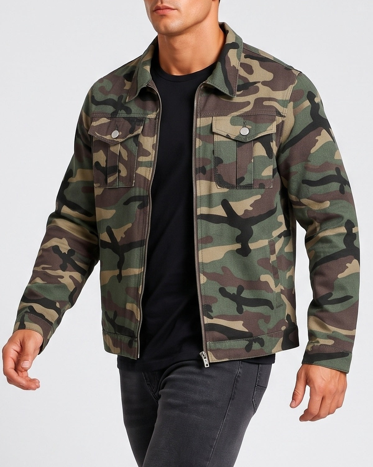 KZZ Men's camouflage military jacket, zip-up camouflage print coat, long sleeves with chest pocket