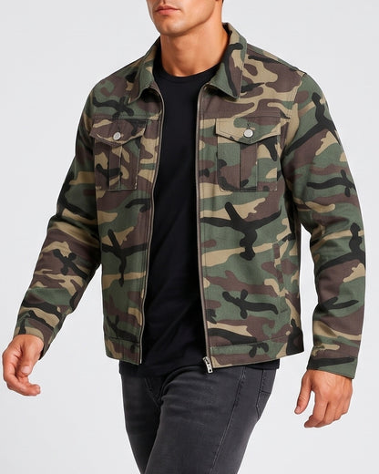 KZZ Men's camouflage military jacket, zip-up camouflage print coat, long sleeves with chest pocket