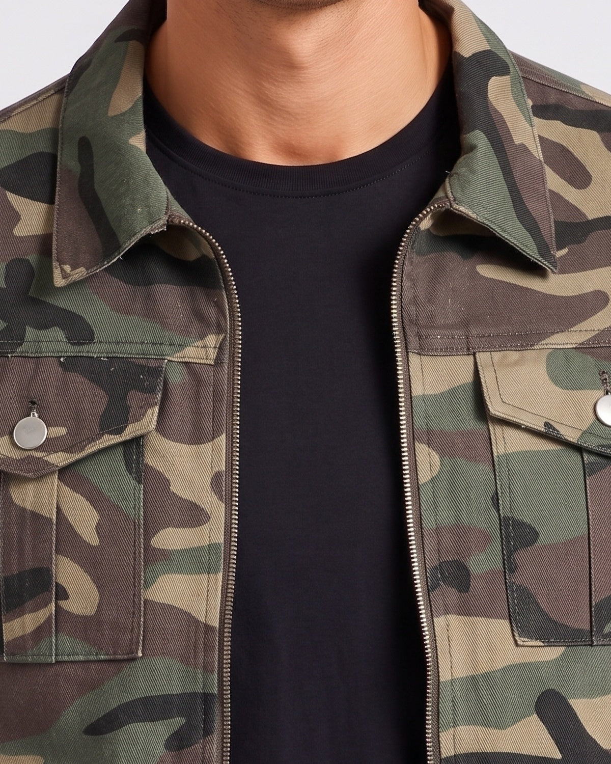 KZZ Men's camouflage military jacket, zip-up camouflage print coat, long sleeves with chest pocket